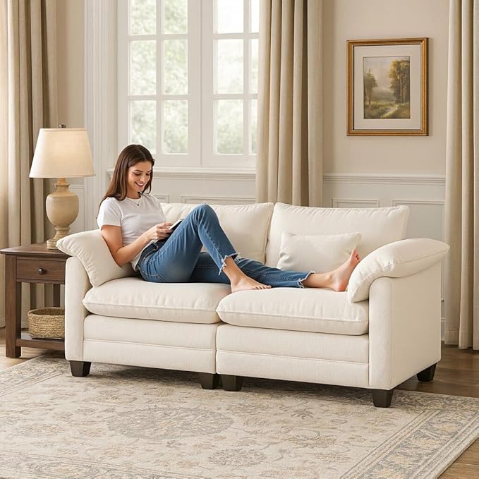 COMHOMA 86" Sectional Sofa,Comfy Cloud Modular Couch with Throw Pillows,Modern Chenille Deep Seat Sofa Couches for Living Room,Beige