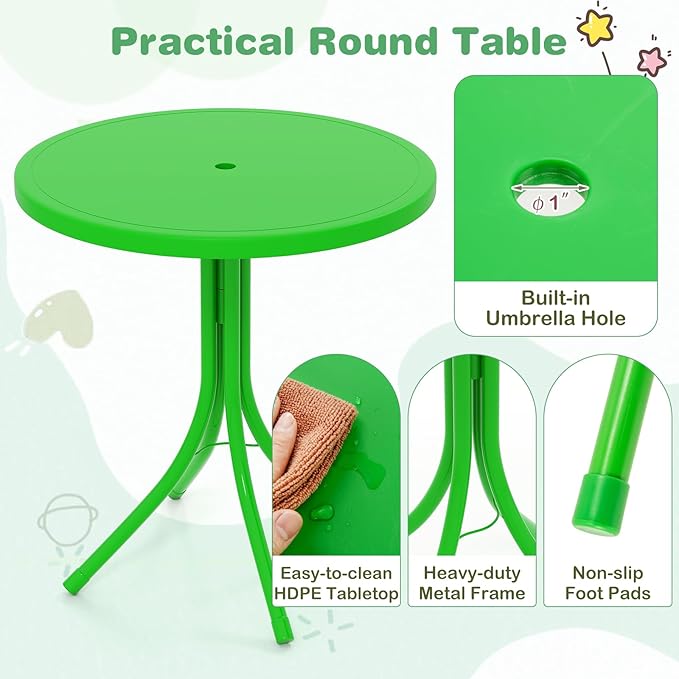 Costzon Kids Picnic Table, Kids Outdoor Table with 2 Folding Chairs, Height Adjustable Umbrella, Portable Children Outdoor Furniture for Patio, Garden, Backyard (Green)