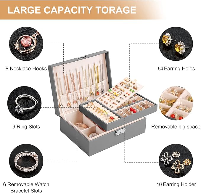 Jewelry Box for Women Girls 2 Layer Leather Travel Jewelry Organizer Storage Case with Lock and Removable Tray for Necklace Earrings Rings Bracelets Gift, Come with Polishing Cloth and Jewelry Bags