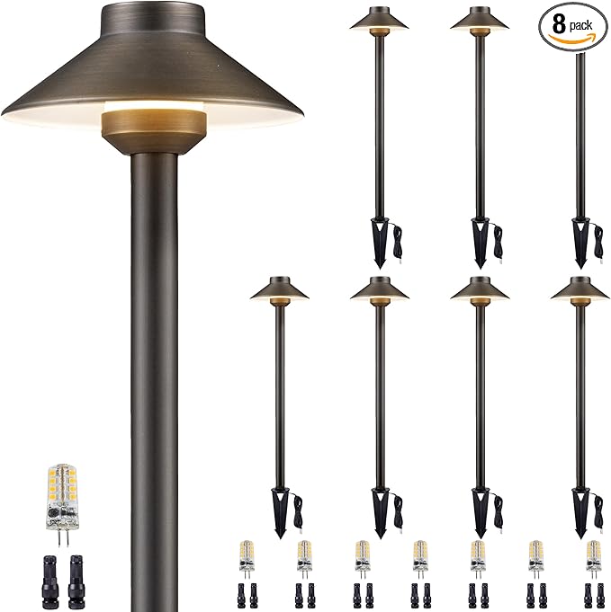 Brass Low Voltage Path Lights - 12V Landscaping Pathway Light IP65 Waterproof, Wired Walkway Lighting Outdoor, LED Antique Bronze for Lawn Backyard with 3W 5000K Daylight G4 Bulb (8 Pack)