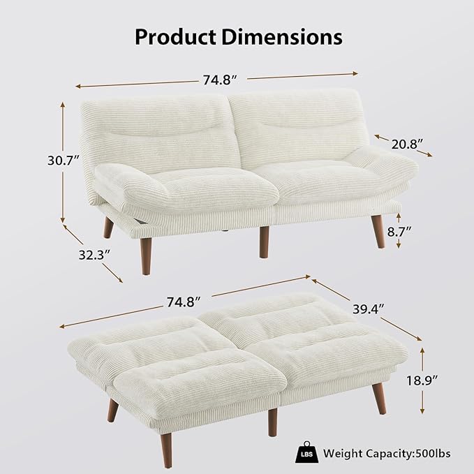 Pipishell Futon Sofa Bed, 73" Convertible Futon Couch, Adjustable Backrest & Armrests, Corduroy Recliner Sleeper Couch for Small Spaces, Living Room, Office, Guest Room (White, 73 Inch)