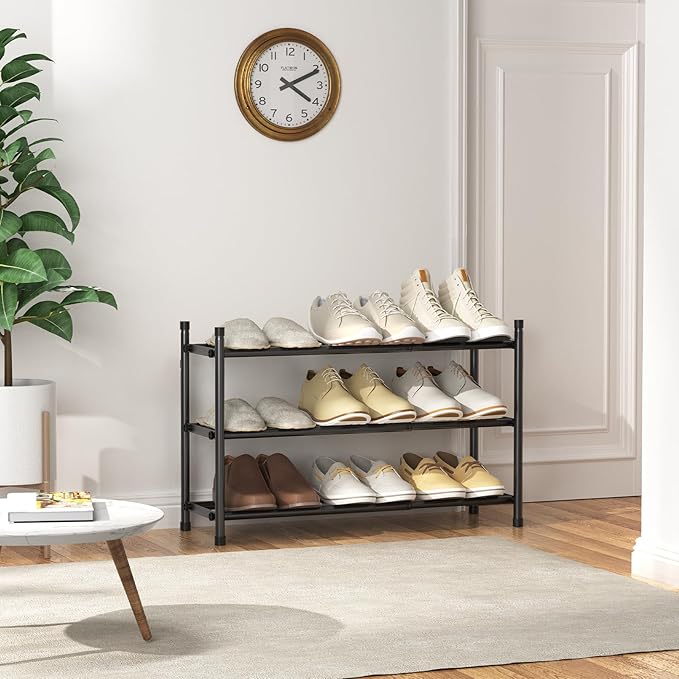Expandable Shoe Rack, 3 Tier Shoe Rack for Closet, Stackable Adjustable Standing Metal Shoe Shelf Organizer Storage, Small Shoe Racks for Front Door Entrance、Entryway(Black)