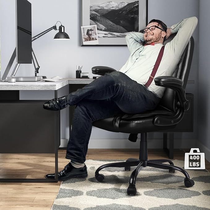 LEMBERI Flip-up Arms Office Desk Chair Big and Tall Managerial Executive Chair, High Back Computer Chair Ergonomic Adjustable Height PU Leather Chairs with Armrest for Long Time Sitting