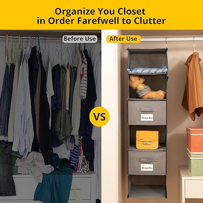 2 Pack 6 Shelves Hanging Closet Organizer with 2 Drawer, Hanging Storage with 4 Side Pockets for Clothes Shoes, 43.5"x12"x12"(Gray)