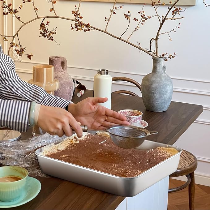 Leonyo Rectangular Cake Pan, 12⅓ x 9¾ x 2 Inch Stainless Steel Baking Trays, Nonstick & Oven Safe, Deep Lasagna Pan for Focaccia, Bread, Brownies, Casseroles