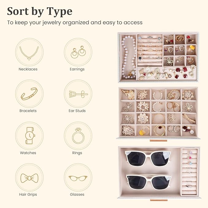 Dajasan Jewelry Boxes for Women, Jewelry Box Organizer with 2 Drawers, 3-Tier Large Jewelry Holder Organizer Box for Necklace Ring Earring Bracelet, Gift Idea, Modern Style (White)