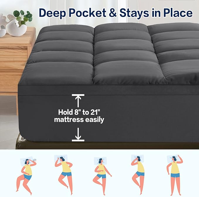 SOPAT Mattress Topper Twin Size Extra Thick Mattress Pad 8-21" Deep Pocket Soft Down Alternative Fill Mattress Protector Pillow Top Mattress Cover (39x75 Inches, Dark Grey)