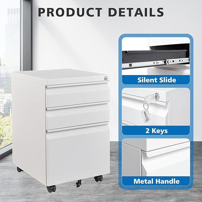 3 Drawers File Cabinet with Lock Metal Vertical File Cabient with Wheels Mobile File Cabinet for Office Home Fully Assembled (White)