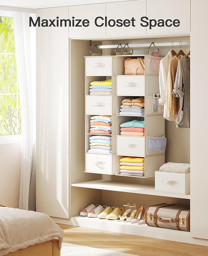 Pipishell Hanging Closet Organizer 6-Shelf, Hanging Shelves for Closet with 3 Removable Drawers & Side Pockets, Hanging Shelf Organizer for Bedroom or Garment Rack, 12'' x 12'' x 43.3'', White