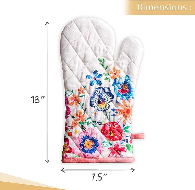Maison d' Hermine Oven Gloves 100% Cotton Oven Mitt 7" x 13" with Loop Heat Resistant, BBQ, Cooking Gloves, Grilling, Kitchen, Handling Hot Pans Spring/Summer (Pack of 1, Happy Florals - High Summer)