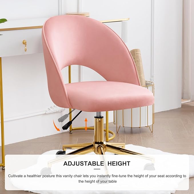 Furnimart Pink Armless Desk Chair, Swivel Velvet Vanity Chair with Gold Legs, Cute Task Chair with Wheels for Girls Living Room Bedroom Studying Small Splaces (Pink)