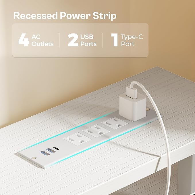 Huuger 47 inch Computer Desk with 4 Drawers, Gaming Desk with LED Lights & Power Outlets, Home Office Desk with Large Storage Space for Bedroom, Work from Home, White