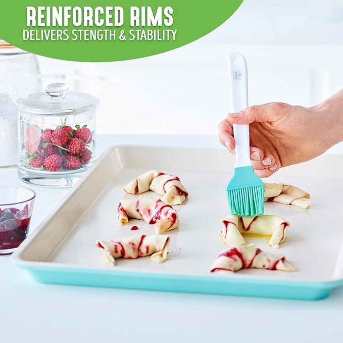 GreenLife Bakeware Healthy Ceramic Nonstick, 4 Piece Toaster Oven Baking Set with Cookie Sheet Muffin and Cake Pan, PFAS-Free, Turquoise