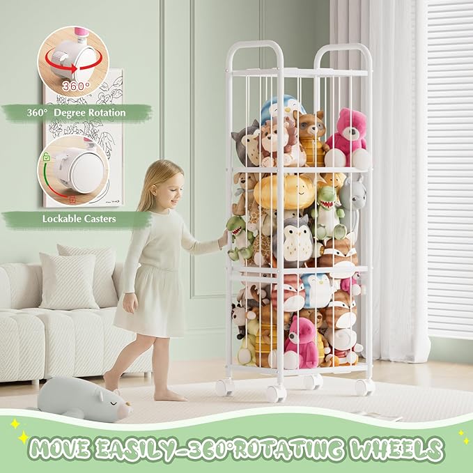 Stuffed Animal Storage Metal Tube Extra Large Toy Storage Organizer with Brake Wheels, Stuffed Animal Holder Zoo Organizer for Nursery Playroom Kids Room White(53.5” x 18.1”x 13”)