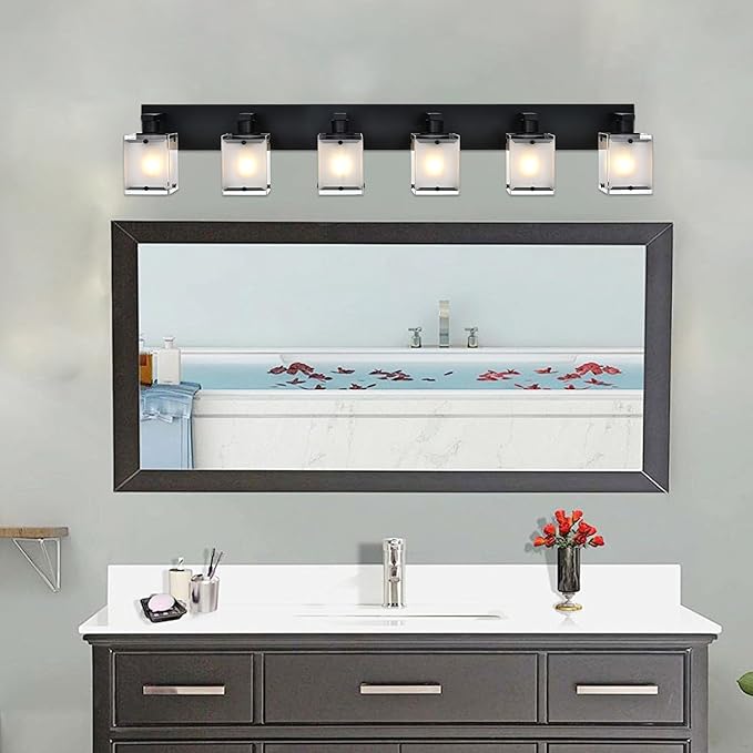 Bathroom Vanity Light Fixture, 6-Lights Modern Vanity Lighting Over Mirror with Frosted Glass Shades, Wall Mount Lamp for Bath Living Room, E26 Bulb Base