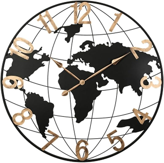 36 Inch Oversized World Map Wall Clock,Large Retro Silent Non-Ticking Battery Operated Clock for Living Room, Bedroom, Office, Kitchen, Black Arabic Numerals