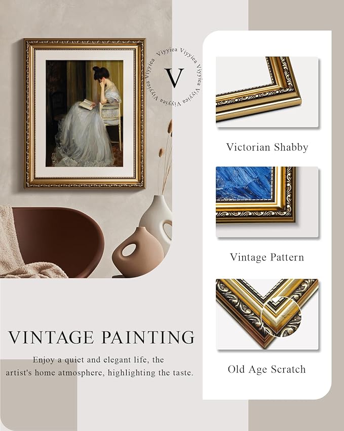 VIYYIEA Gold Framed Wall Art Canvas Print Home Decor for Living Room Women Reading Pictures for Bedroom Bathroom Wall Decor Women Portrait Art Wall Painting Vintage Art Prints Room Wall Decor 13x16in
