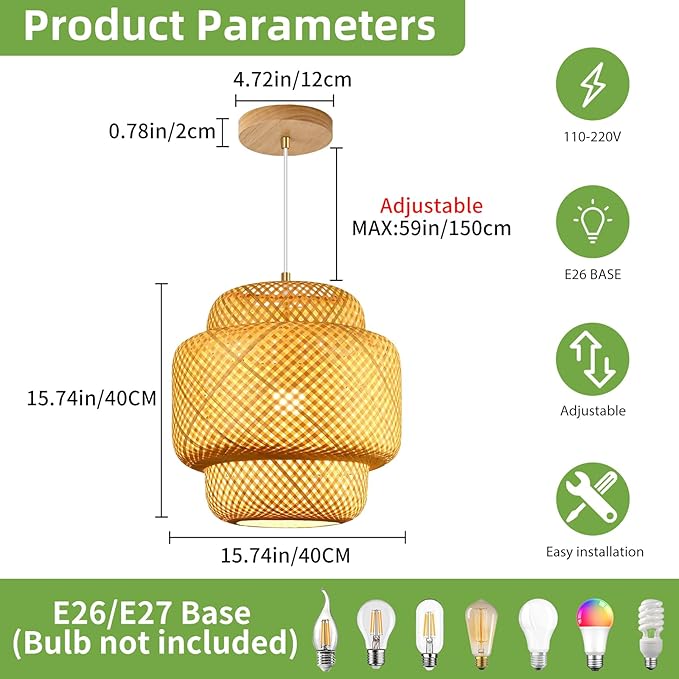 15.7inch Bamboo Pendant Light, Boho Chandelier Hand-Woven Wicker Rattan Hanging Ceiling Lighting, Rustic Farmhouse Pendant Lamp for Kitchen Island, Dining Room, Bedroom, Living Room, Foyer