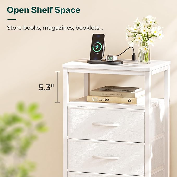 Huuger Nightstand with Charging Station, 27.6 Inch Side Table with Drawers, PU Leather Finish, End Table Bedside Table with USB Ports and Outlets, Night Stand for Bedroom, White