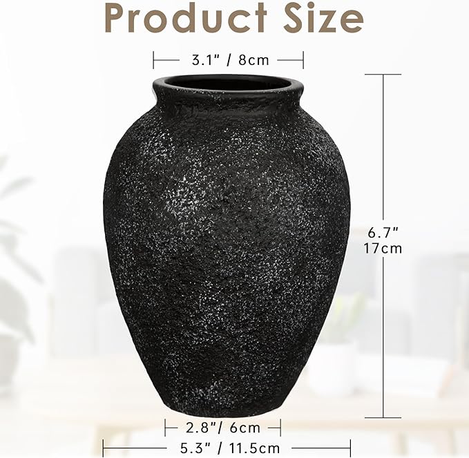 Rustic Ceramic Vase for Home Decor – 6.7" Small Decorative Textured Black Vases for Dried Flowers, Pampas Grass, Faux Plants – Modern Farmhouse Boho Table Centerpiece