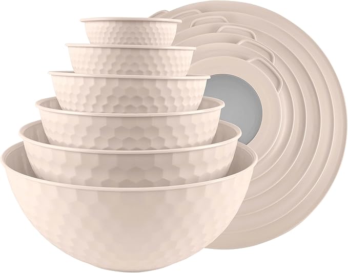 COOK WITH COLOR Mixing Bowls with Lids - 12 Piece Plastic Nesting Bowls Set includes 6 Prep Bowls and 6 Lids, Non Slip Bottom and Embossed Design - Microwave Safe (Cream)