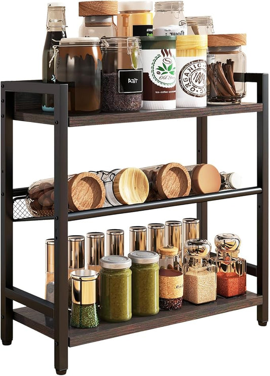 IBUYKE 3-Tier Spice Rack Industrial Counter Shelf Desktop Storage Organizer Standing Seasoning Rack for Countertop Kitchen Office Living Room Desktop Dark Grey UTLJ021G