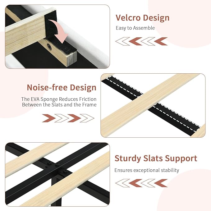 Queen Bed Frame with Headboard, Velvet Upholstered Bed Frame with LED Lights, Queen Platform Bed with Wooden Slats Support, No Box Spring Needed, No Noise, Beige