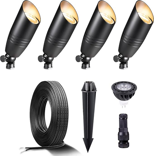 Black Brass Landscape Lighting Kit (4-Pack LED Spotlights) with 100 Feet Cable and 20Pack Wire Connectors for Outdoor House Garden Patio Without Low Voltage Transformer