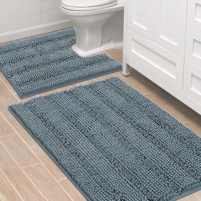 H.VERSAILTEX Bathroom Rugs Bath Rug Set 2 Piece Bathroom Contour Rug Toilet Mat Sets Non Slip Contour Bath Rug Ultra Thick Water Absorbent Striped Bath Mats(36" x 24" Plus 20" x 24" U, Stone Blue)