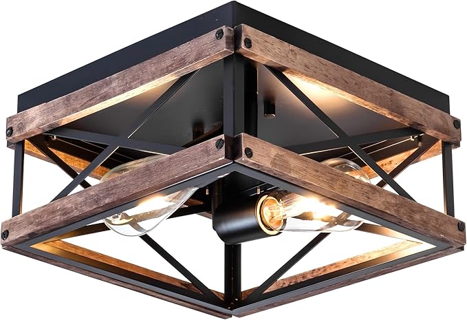 MAYNA 2-Light Industrial Ceiling Light Fixtures, Farmhouse Flush Mount Ceiling Light, Metal and Wood Square Dining Room Light Fixture for Hallway Bedroom Balcony Farmhouse,Black