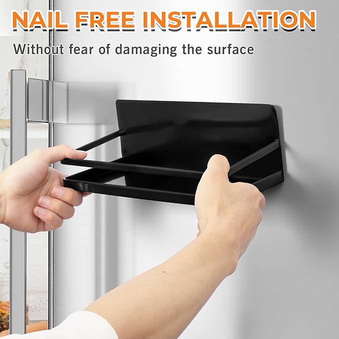 Grtard 2 Pack Magnetic Spice Rack for Refrigerator, Black Magnetic Shelves for Side of Refrigerator, Metal Magnetic Refrigerator Shelves, Magnetic Spice Racks for Jars, Home, Kitchen, Cabinet