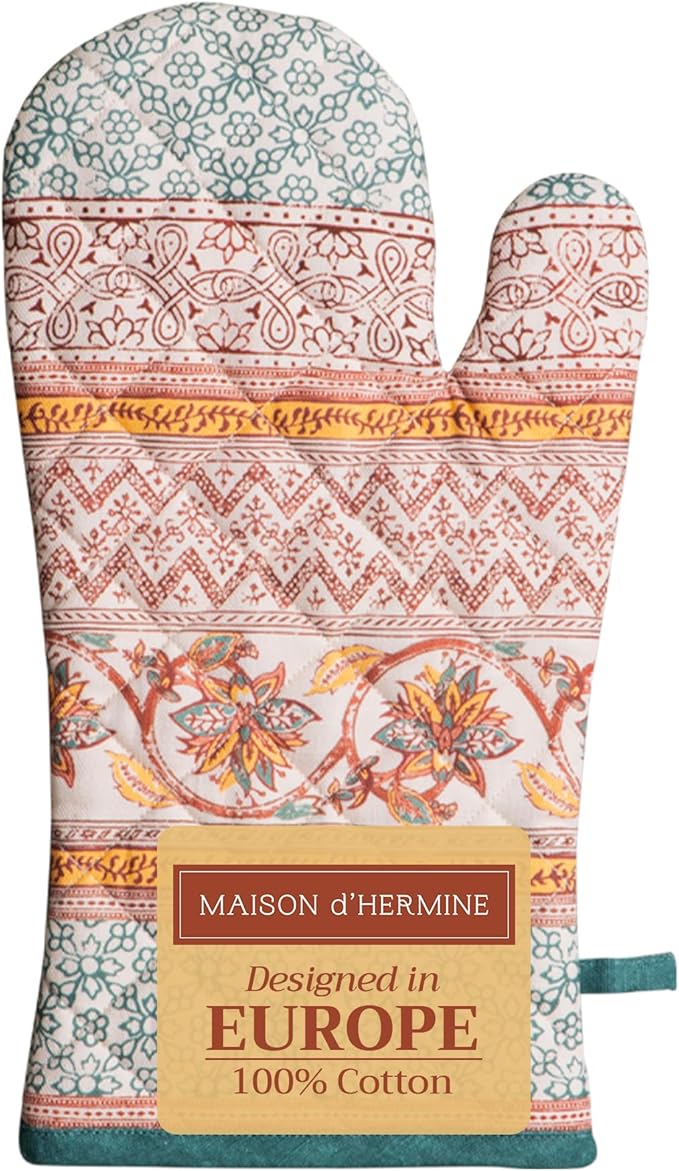 Maison d' Hermine Oven Gloves 100% Cotton Oven Mitt 7" x 13" with Loop Heat Resistant BBQ Cooking Gloves for Thanksgiving Christmas Decorations Baking Handling Hot Pans (Pack of 1, Nila)
