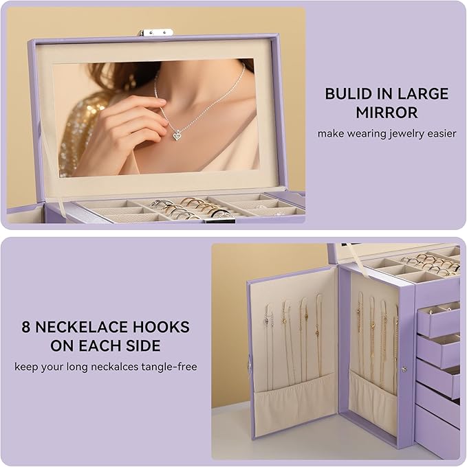 Frebeauty Large Jewelry Box,6-Tier PU Leather Jewelry Organizer,Multi-functional Storage Case with Mirror,Accessories Holder with 5 Drawers for Necklace Bracelets Watches（Purple）