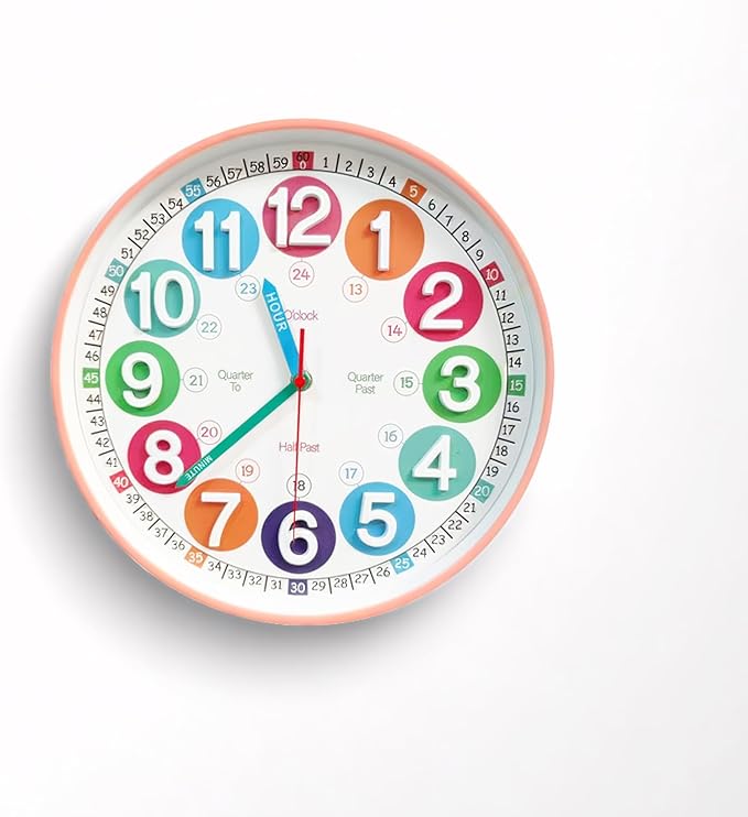 Learning Time Clock for Kids, 12 Inch 3D Peach Pink Classic Silent Wall Clock, Bedroom, Kitchen, Classroom, Decor at School, Clear Digital Clock for Kids Room