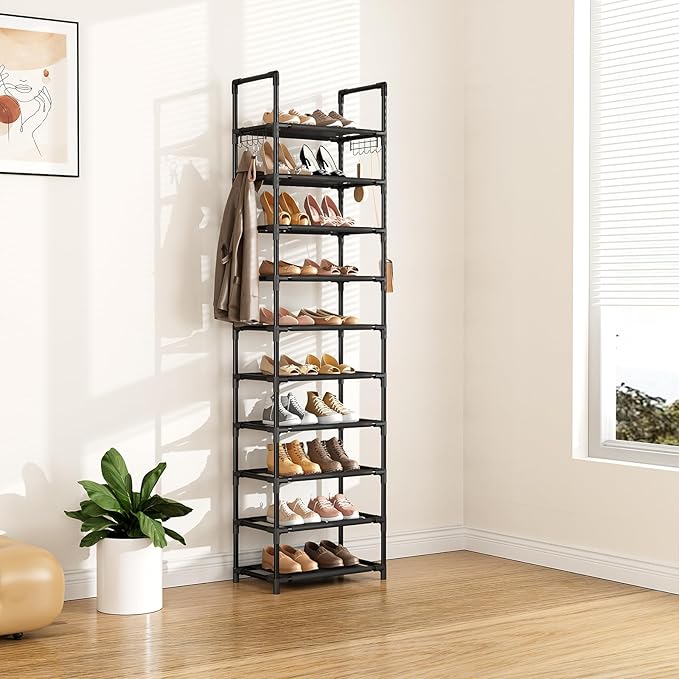 10 Tiers Shoe Rack 20-25 Pairs Large Capacity Tall Shoe Organizer Sturdy Shoe Storage with Two Hooks Metal Narrow Shoe Rack for Closet, Entryway, Bedroom, Black