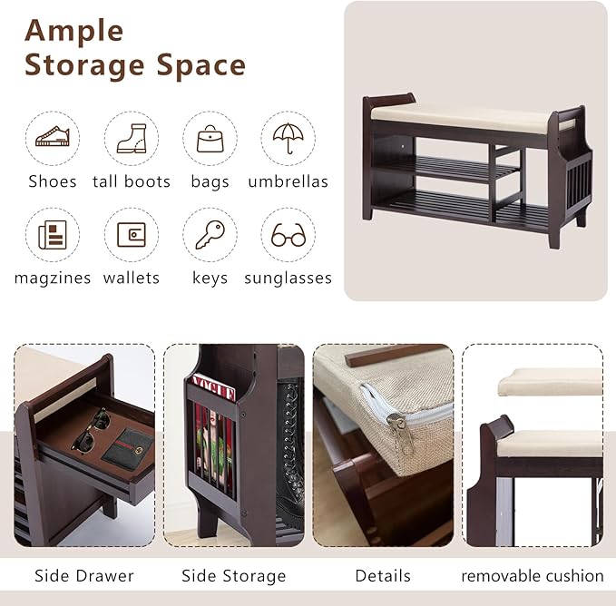 Bamboo Shoe Storage Bench, 3-Tier Shoe Rack with Padded Seat Cushion, Shoe Organizer Shelves for Entryway, Living Room, Bedroom, Hallway, White 39”