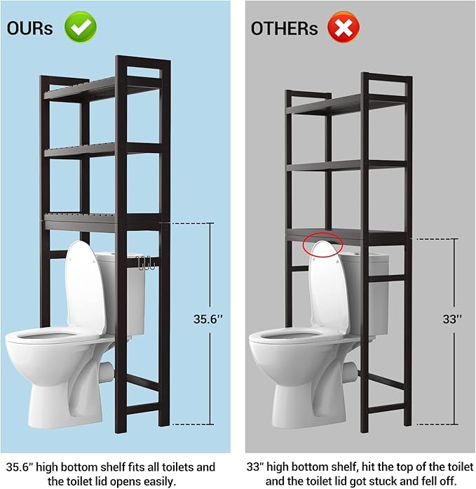 Homykic Over The Toilet Storage, Bamboo 3-Tier Over-The-Toilet Space Saver Organizer Rack, Stable Freestanding Above Toilet Stand with 3 Hooks for Bathroom, Restroom, Laundry, Espresso