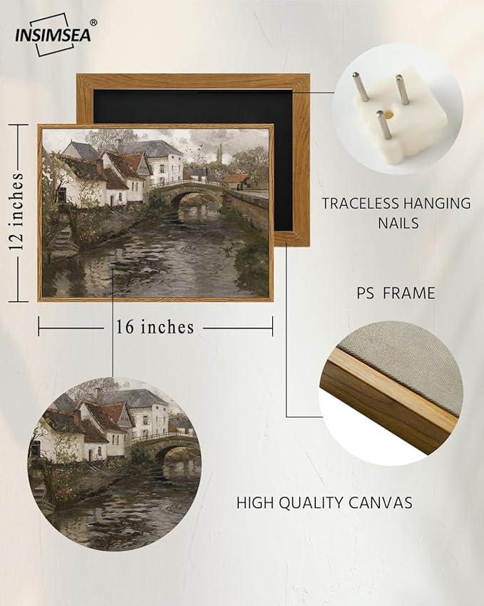 InSimSea Framed Canvas Wall Art Vintage Decor, Landscape Wall Art, Riverside Small Town Pictures Home Decor, Rustic Farmhouse Wall Print for Bedroom Living Room, 12"x16"