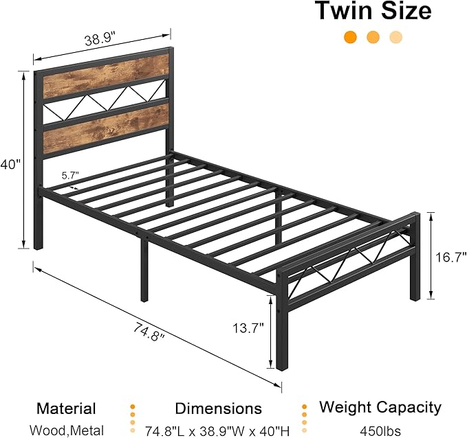 VECELO 2 Twin Bed Frame Set Metal Platform with Wooden Headboard, Heavy-Duty Metal Slats Support, No Box Spring Needed, Non-Slip, Noise Free, Easy Assembly, Black & Brown