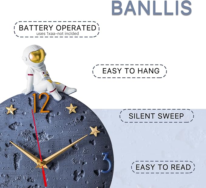 Space Theme Wall Clock, Astronaut Moon Wall Clock, 12 Inch Grey Modern Silent Clock for Kids Room Nursery Living Room Bedroom Kitchen Decor, for Children Boys and Girls Gift