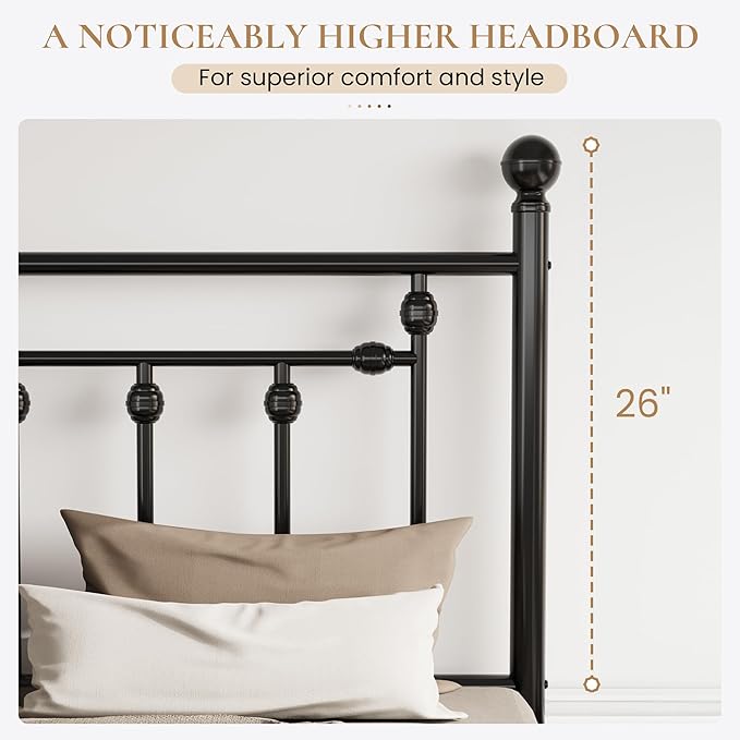 SHA CERLIN 14'' Full Size Metal Platform Bed Frame/Victorian Headboard and Footboard/Steel Slats Mattress Foundation for Storage/No Box Spring Needed/Noise Free/Black