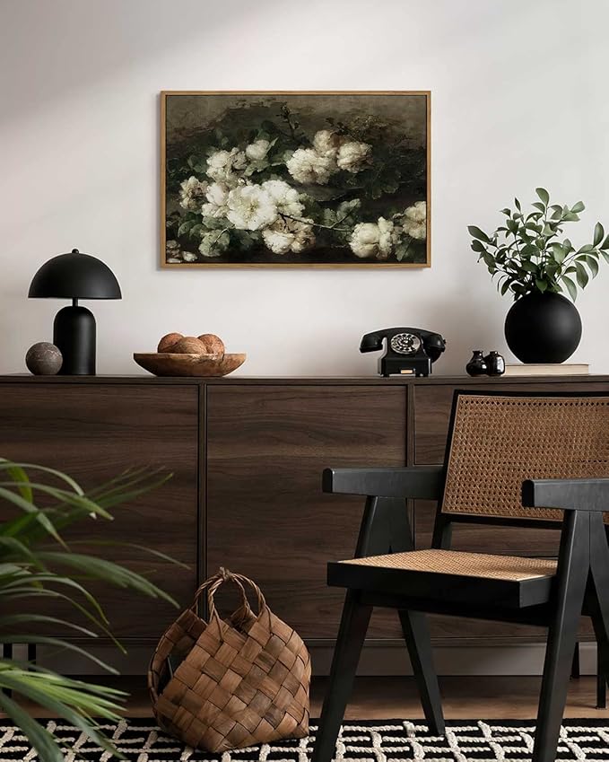 InSimSea Framed Canvas Wall Art Vintage Decor, Room Decor White Roses Still Life Paintings Canvas Print, Mid Century Modern Decor for Living Room, Bathroom Farmhouse Kitchen, 16"x24"