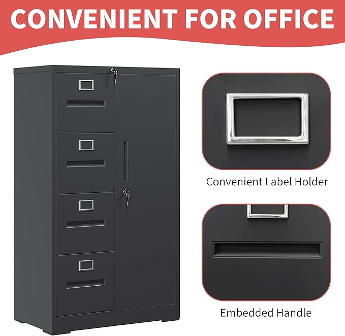 4 Drawer File Cabinet with 1 Door,Black Metal Storage Locker Cabinets for Employees,Home Office Lockable Steel Filing Cabinets for Legal/Letter Size Files, Assembly Required