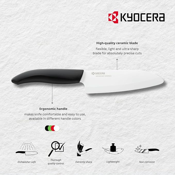 Kyocera’s Revolution Series 5.5” Ceramic Santoku Knife, Chef Knife For Your Cooking Needs, Green Handle, White Blade