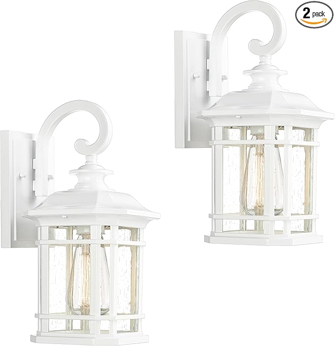 Emliviar 2 Pack Farmhouse Exterior Lights for House, 1-Light Modern Outdoor Wall Lights with Seeded Glass, White Finish, 2084B-2WH