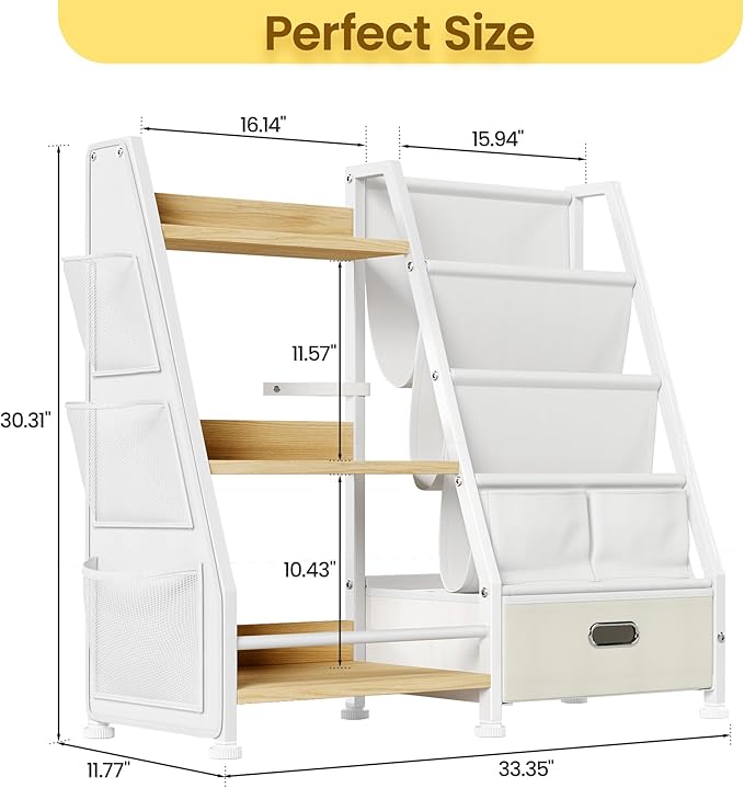 Kids Bookshelf and Toy Storage Organizer: Book Shelf for Kids Room with Drawer to Store Books and Toys Organizer - 3 Tier Toddler Bookshelf with 3 Side Pockets for Nursery, Bedroom (Burlywood)