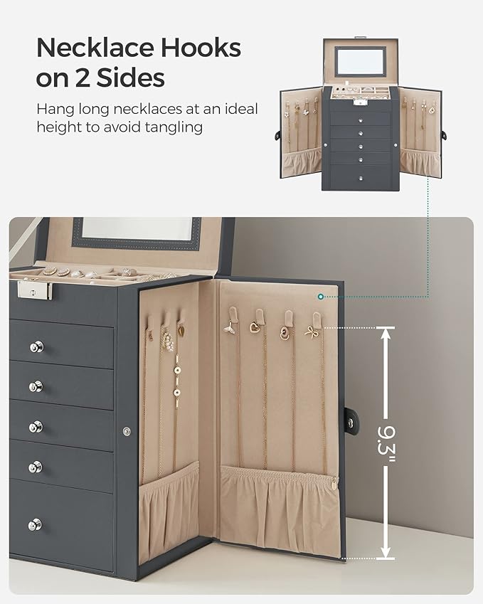 SONGMICS 6 Tier Jewelry Box, Jewelry Storage Organizer with 5 Drawers, Large Storage Capacity, with Mirror, Lockable, Jewelry Case, Gift for Loved Ones, For Watches, Gray UJBC152G01