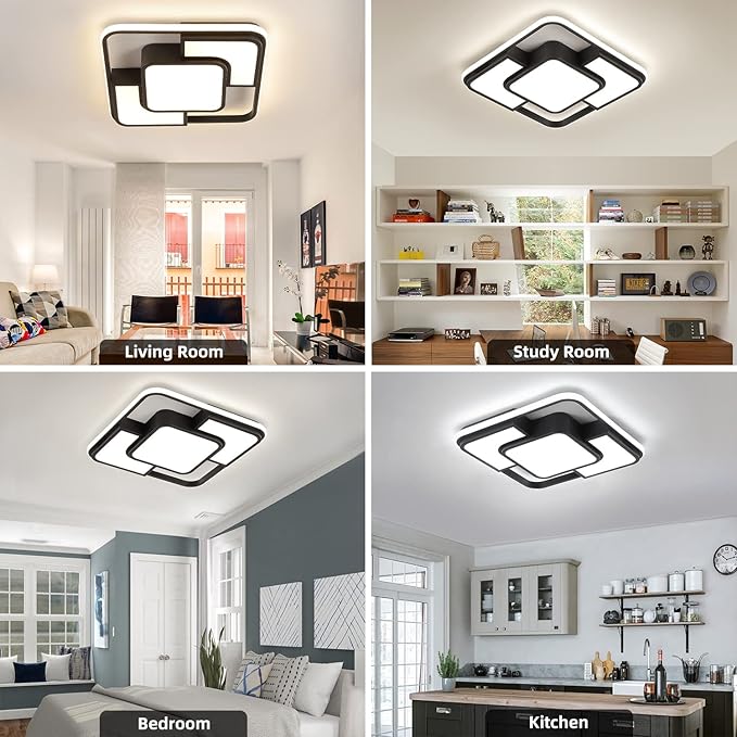62W Dimmable LED Flush Mount Ceiling Light Fixture with Remote Control, 3000K-6500K 3-Color Chandelier Modern Lamp Black, 15.74inch Close to Ceiling Dining Room Bedroom Square Kitchen Lights