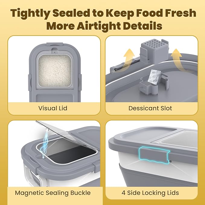 20-30Lbs Rice Container,Collapsible Airtight Food Storage Containers with Wheels,Handle,Rice Storage Container with Small Bin and Scoop,Rice Dispenser for Flour Sugar Cereal Grain Dog Cat