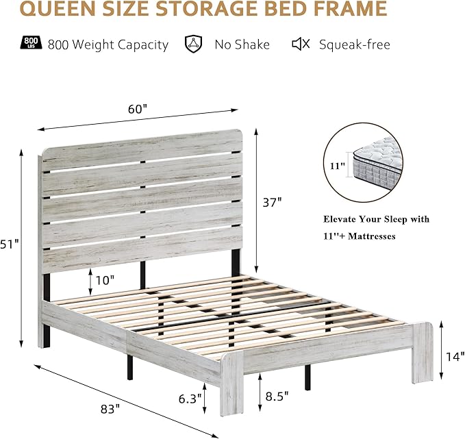Rustic White Queen Size Wooden Bed Frame with Farmhouse Headboard, Solid Wood Platform Bed with Wood Slats, Noise-Free Structure, No Box Spring Needed